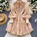 Elegant French Court-Style Lantern Sleeve Dress With Embroidered Lace Details – A-Line High Waist Flowy Maxi Dress For Women_ecoleips.com