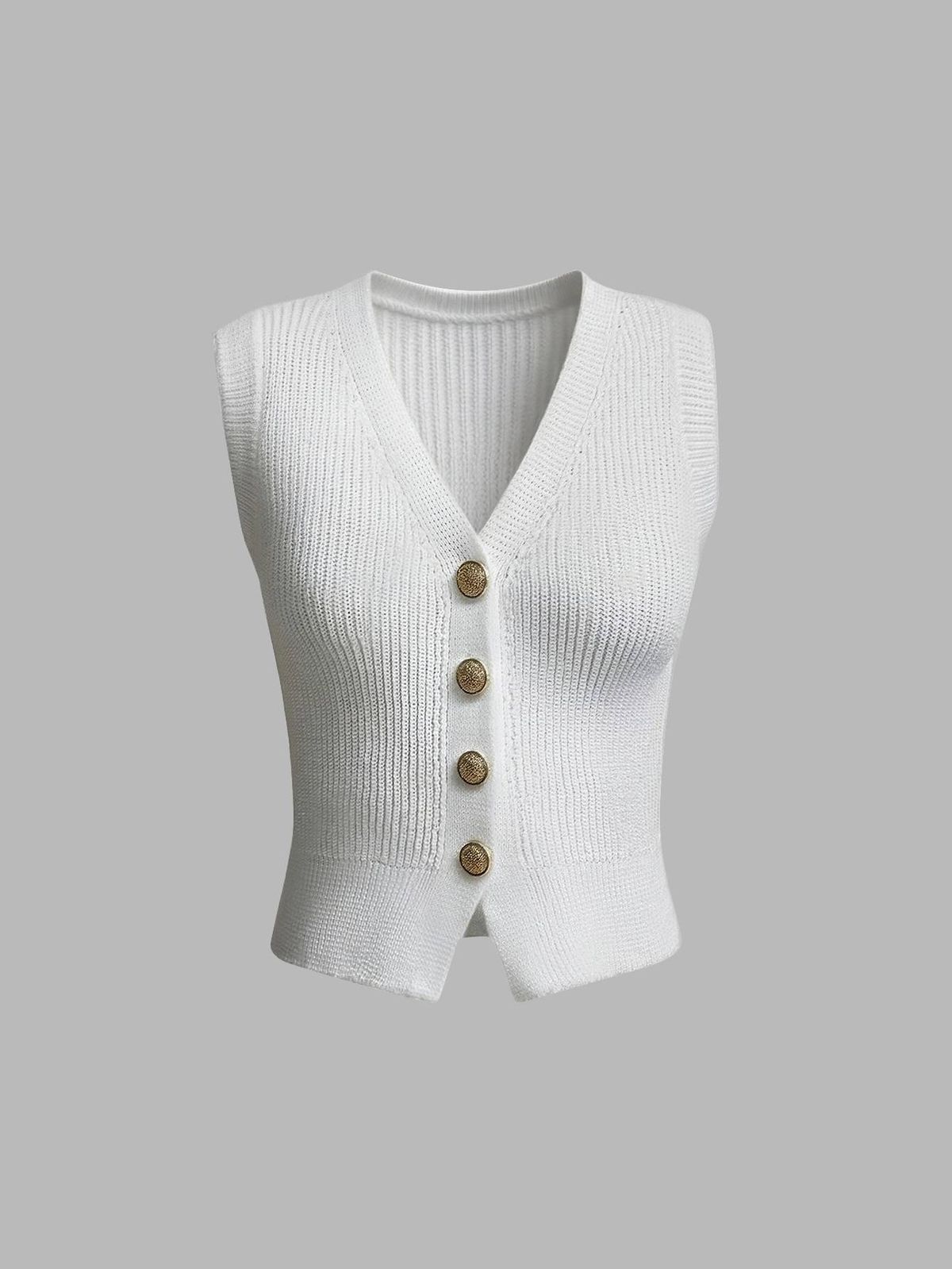 Chic V-Neck Knit Sleeveless Vest, Women's Gold Button-Up Casual Sweater_ecoleips.com