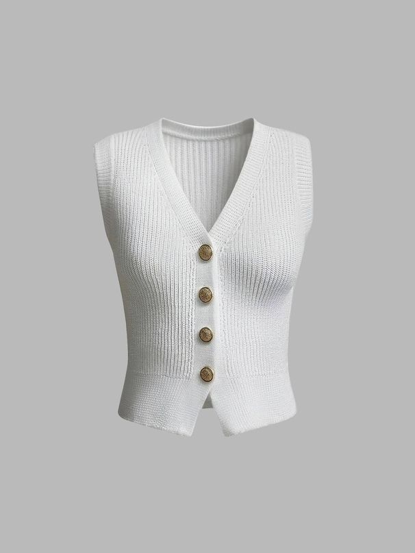 Chic V-Neck Knit Sleeveless Vest, Women's Gold Button-Up Casual Sweater_ecoleips.com