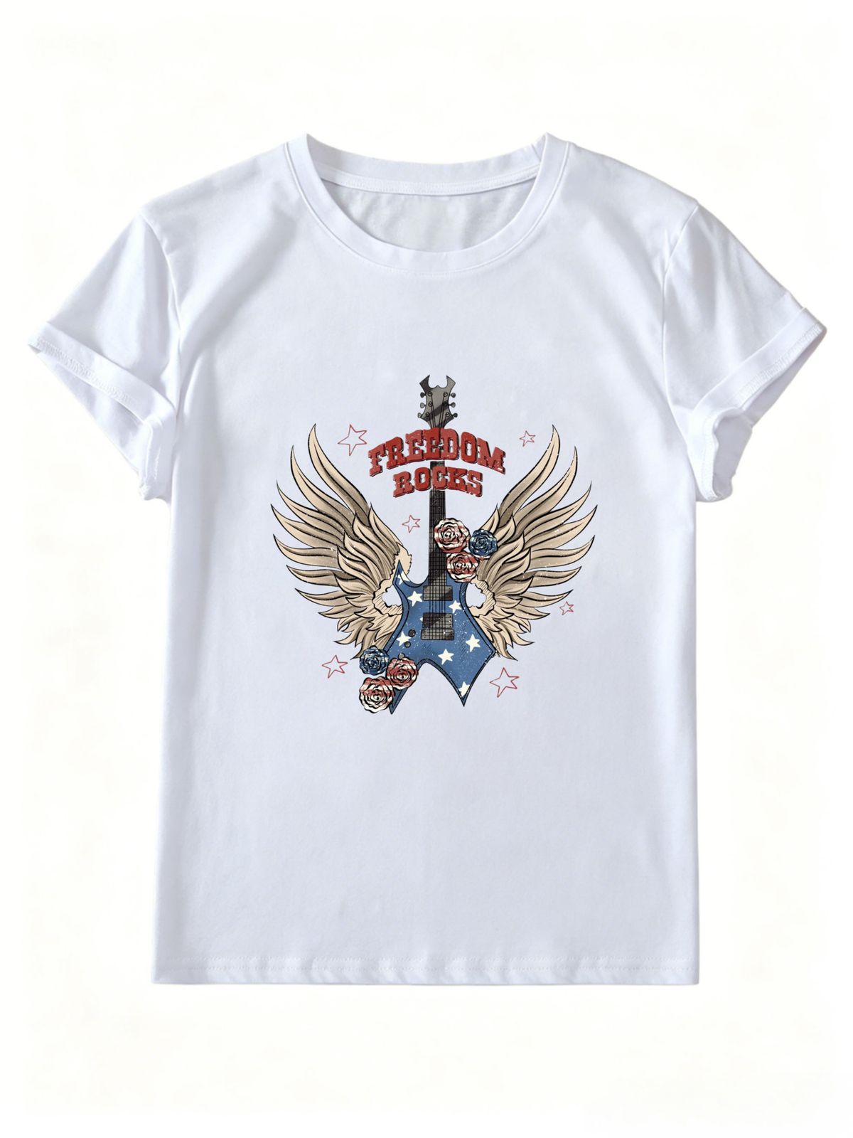 Women Retro Freedom Rocks Winged Electric Guitar Rose Graphic T-Shirt Vintage Rock Music Crew Neck Short Sleeve Casual Streetwear Tee_ecoleips.com