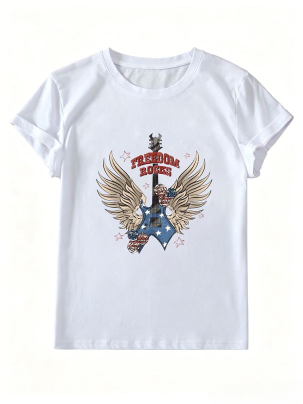 Women Retro Freedom Rocks Winged Electric Guitar Rose Graphic T-Shirt Vintage Rock Music Crew Neck Short Sleeve Casual Streetwear Tee_ecoleips.com