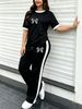 Women's Simple Sport 2-piece Set, Classic Print Colorblock Tee & Stretch Knit Side-stripe Drawstring Wide Leg Pants For Spring Summer Commute & Gym_ecoleips.com