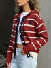 Red White Stripe Heart Pit Rib Knit Hooded Cardigan, Loose Lightweight Breathable Soft Skin-touch Drawstring Button Knit Jacket_ecoleips.com