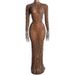 Women's Clothing Elegant Sheer Mesh Crystal Embellished Maxi Dress For Evening Parties & Celebrations - Sexy High Waist Long Sleeve Gown_ecoleips.com