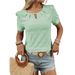 Women's Clothing Solid Color Round Neck Button Short Sleeved T Shirt Hollow Top_ecoleips.com