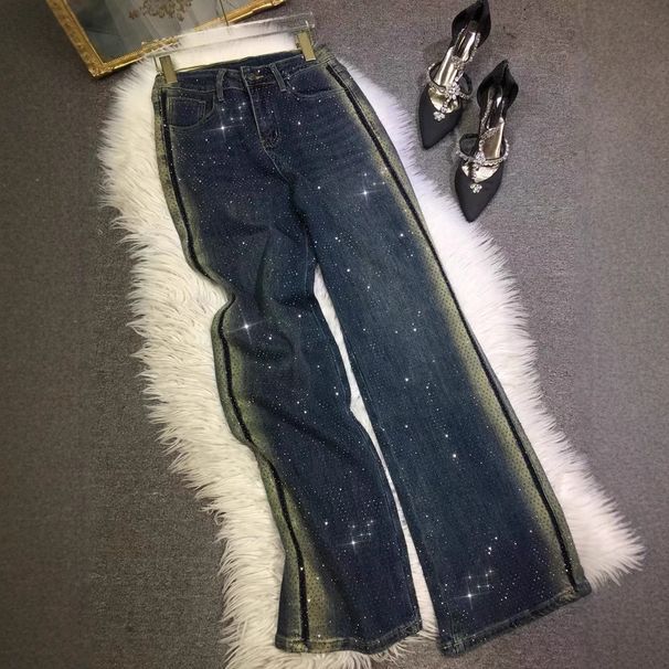 Women's Clothing Heavy Duty Hot Diamond Jeans High Waist Slimming High Elastic Dark Blue Washed Straight Pants_ecoleips.com