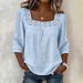 2026 New Summer Solid Color Casual Square Neck Lace Trim Three-Quarter Cotton-Linen Short Sleeve Top For Women On_ecoleips.com