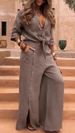 Women's Spring Casual Two Piece Set V Neck Irregular Top Wide Leg Button Design Cotton Pants_ecoleips.com