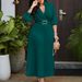 Elegant V-Neck Pleated Midi Dress With Detachable Belt – Women’s Stretchy A-Line Dress (Breathable Polyester-Spandex, Dusty Blue/Deep Green, S-XXXL)_ecoleips.com