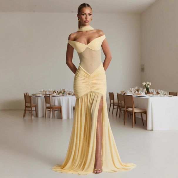 2026 European And American Cross-border Summer Foreign Trade One-shoulder Off-shoulder Dress, Slim-fit, Patchwork_ecoleips.com