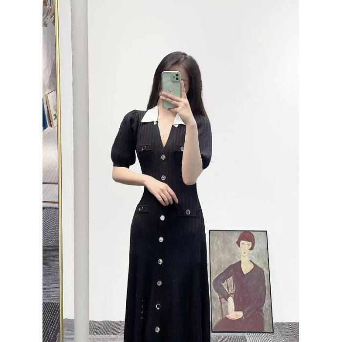 Women's French Style Elegant High End Dress Short Sleeved Fitted Waist Long Knit Summer Style_ecoleips.com