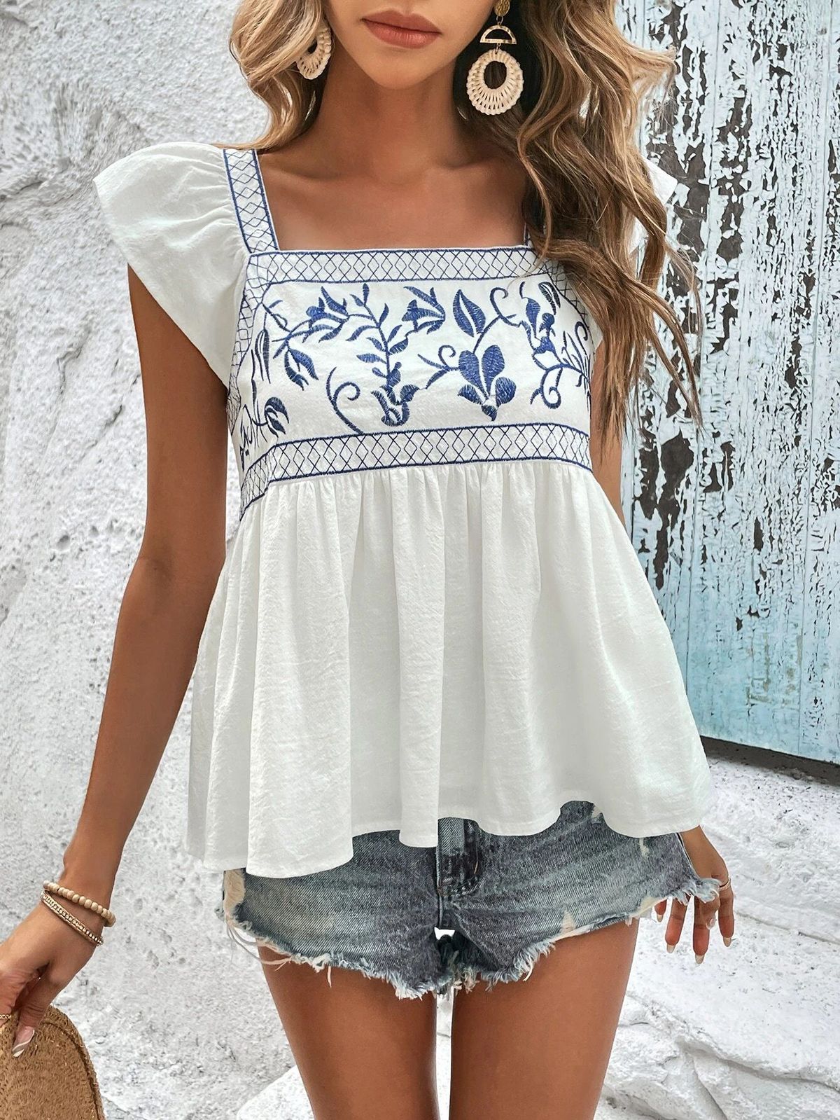 Women's Summer Embroidered Ruffle Top Tie Neck Square Neck Flutter Sleeve European And American Style Clothing_ecoleips.com