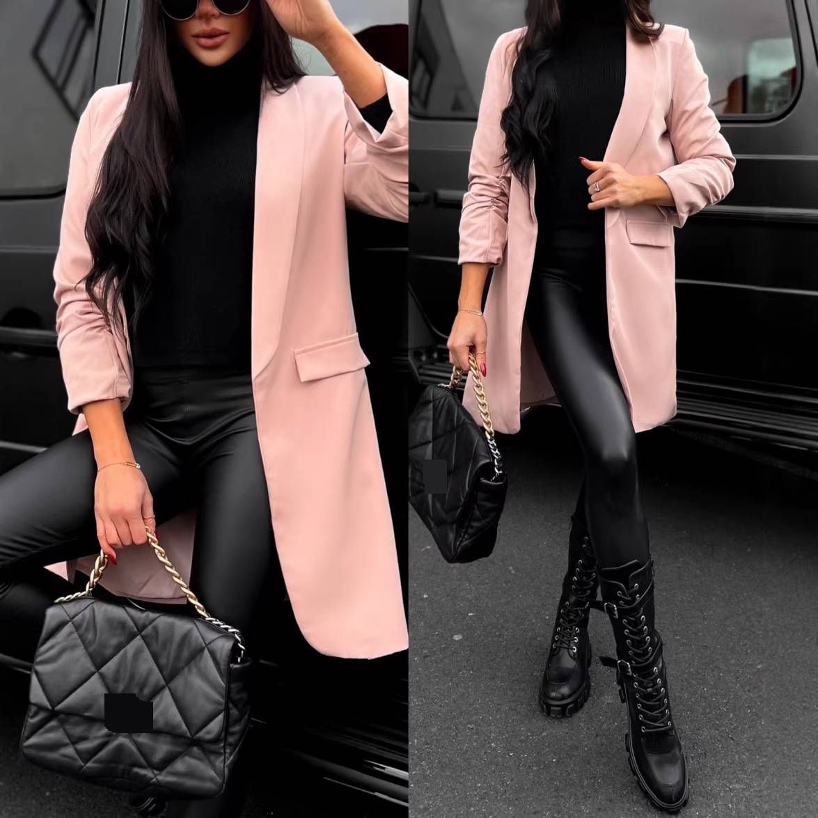 Women's Clothing Solid Color Elegant Commuter Mid Length Slim Fit Women’s Longline Blazer – Autumn Elegant Slim-Fit Pink Office Jacket (S-XL)_ecoleips.com