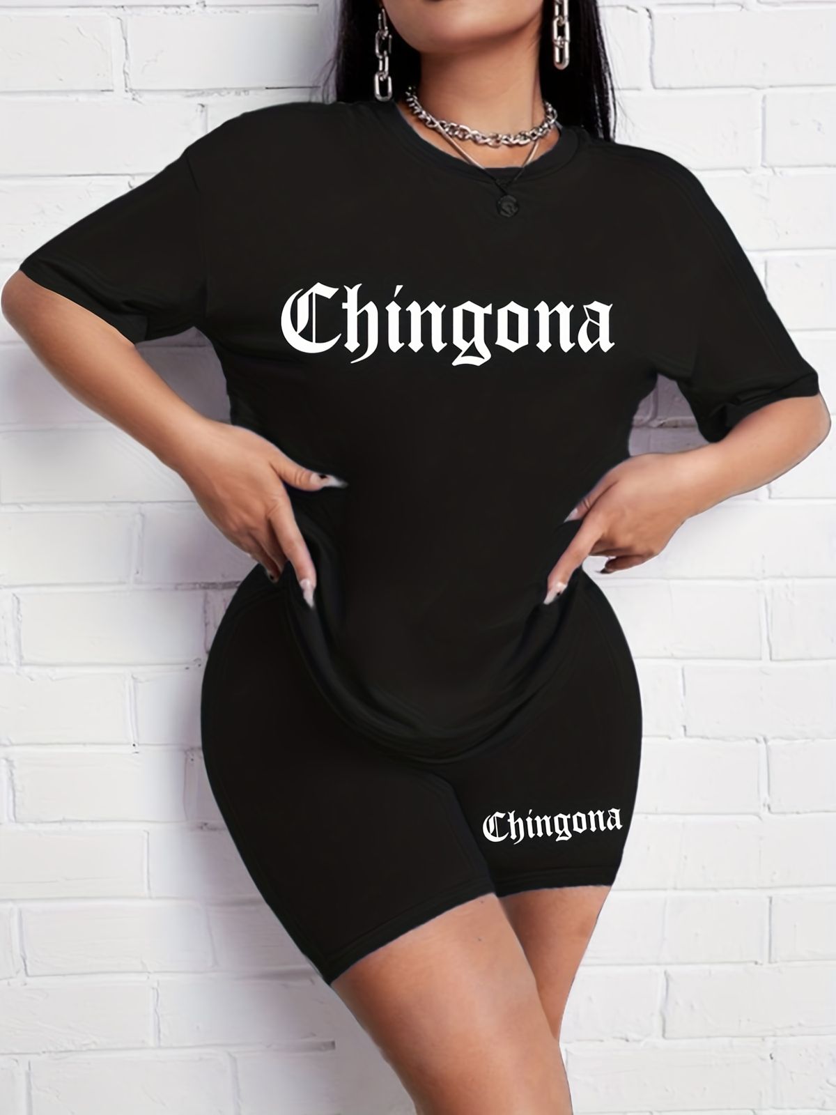 Summer Women's Casual And Fashionable Chingona Print Loose T-shirt+shorts Two-piece Sportswear Suitable For Daily Wear-73_ecoleips.com