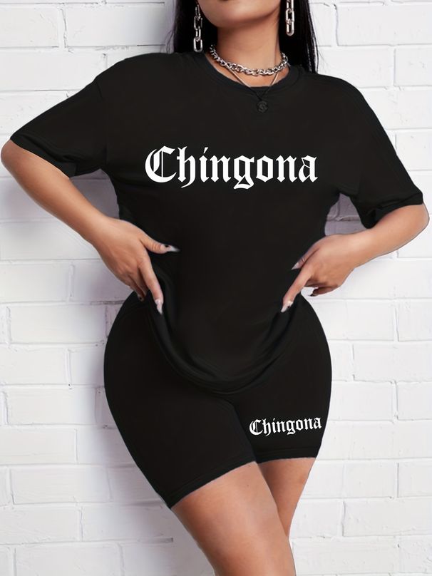 Summer Women's Casual And Fashionable Chingona Print Loose T-shirt+shorts Two-piece Sportswear Suitable For Daily Wear-73_ecoleips.com