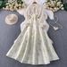 Women's Clothing Luxury Socialite Women's V Neck Full Skirt Dress Bow Detail Bright Gold Print Elegant Heavy Duty_ecoleips.com