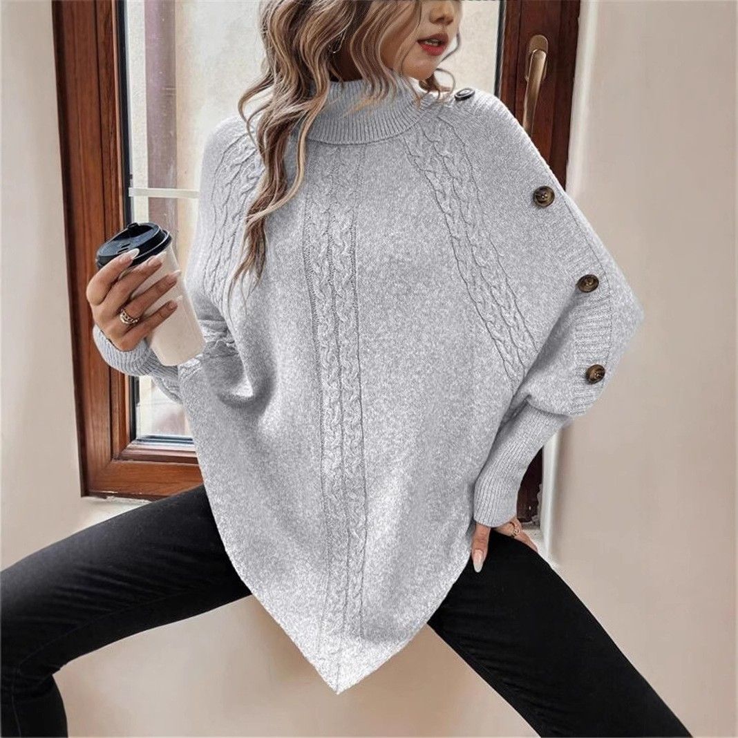 High-Neck Cape Knit Sweater – Women’s Batwing Sleeve Button-Detail Pullover For Autumn & Winter (Khaki/Black/Gray, One Size, Gothic Elegance)_ecoleips.com
