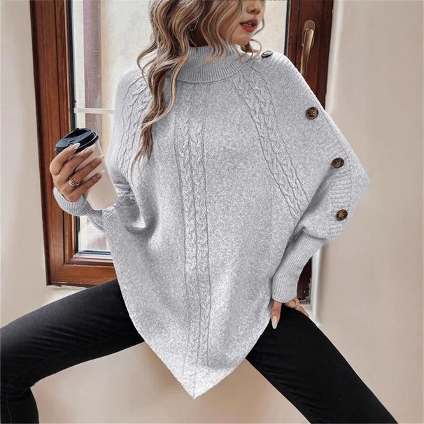 High-Neck Cape Knit Sweater – Women’s Batwing Sleeve Button-Detail Pullover For Autumn & Winter (Khaki/Black/Gray, One Size, Gothic Elegance)_ecoleips.com
