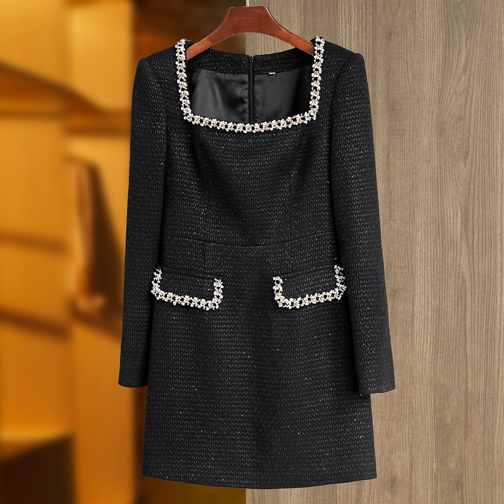 Women's Clothing Spot autumn and winter new black coarse spinning square collar nail beading decoration waist long sleeve slim dress small dress_ecoleips.com