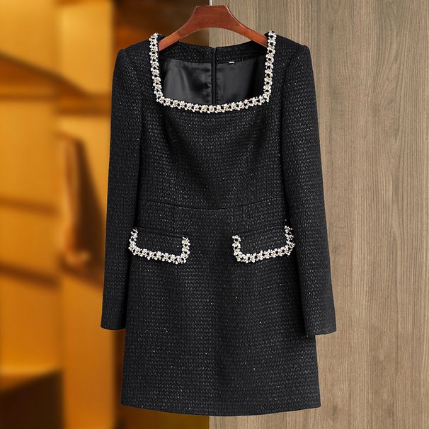 Women's Clothing Spot autumn and winter new black coarse spinning square collar nail beading decoration waist long sleeve slim dress small dress_ecoleips.com