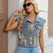 K New Leopard Print Fashion Print Patchwork Denim Top, Vest Casual_ecoleips.com