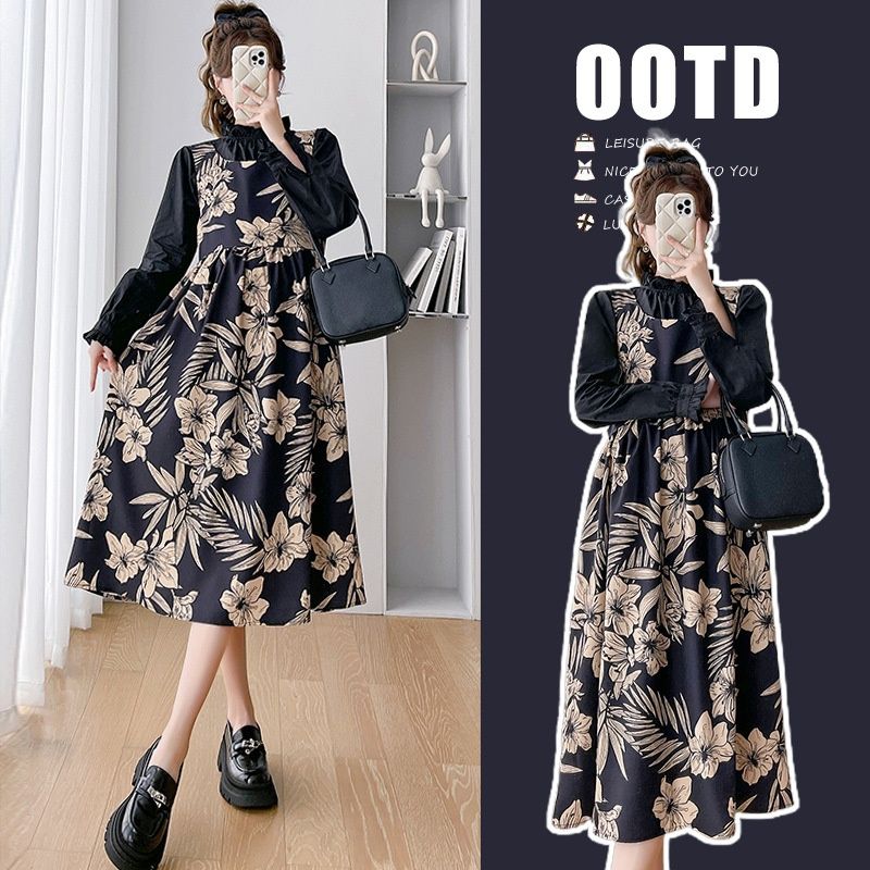 Autumn New Korean Fashion Floral Vest Black Shirt Two-Piece Maternity Dress_ecoleips.com