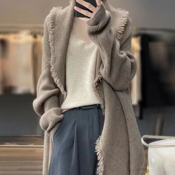 Women's Clothing Korean-Style Fringe Cardigan – Oversized Open-Front Knit Sweater For Women, Fall & Winter Fashion_ecoleips.com