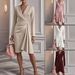 Slim Fit Solid Color Hip Skirt V-Neck Long Sleeve Pleated Design Dress For Women Sexy_ecoleips.com