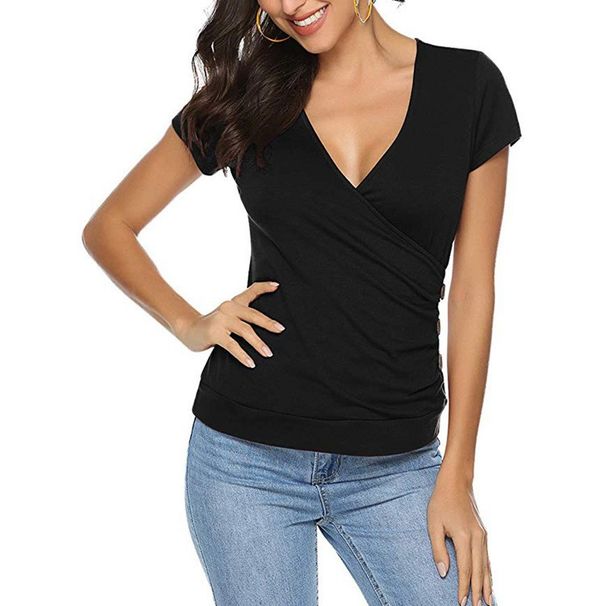 's Selection Of Popular European American Solid Color Wrap-around Pullover Deep V-neck Short-sleeve Slim-fit_ecoleips.com