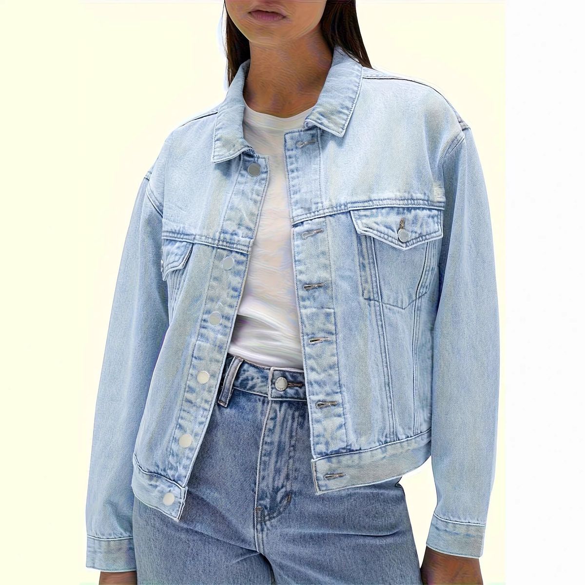 Women's Light Blue Washed Denim Jacket Loose Fit Drop Shoulder Short Versatile Top Factory Direct Wholesale_ecoleips.com