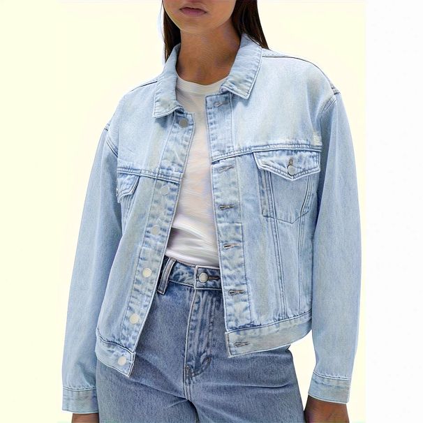 Women's Light Blue Washed Denim Jacket Loose Fit Drop Shoulder Short Versatile Top Factory Direct Wholesale_ecoleips.com