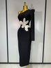 Elegant Luxury Black Bandage Party Dress Single Sleeve Cut Out White Pearl Embroidery Flower Midi Long Evening Prom Gowns SLN8_ecoleips.com