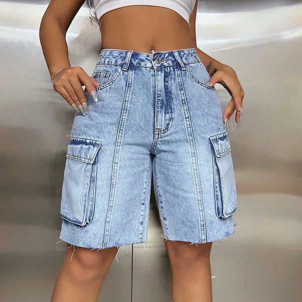 Women's Clothing High Waist Large Pockets Slim Loose Workwear Denim Shorts_ecoleips.com