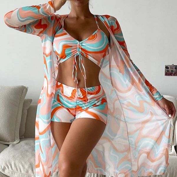 Women's Clothing Mesh Blouse Fashionable Sexy Leg Length Pants Three Piece Women's Swimsuit_ecoleips.com