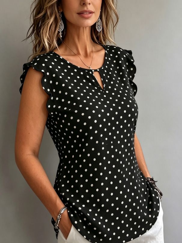 Women's Polka Dot Chiffon Blouse - Spring Summer New Fashion Loose Fit Sleeveless Tank & Short Sleeve Shirt, European American Style_ecoleips.com