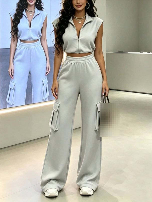 Women's Clothing Spring Summer Two Piece Set Collared Zip Up Cropped Sleeveless Top Elastic Waist Cargo Pants_ecoleips.com