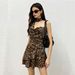Voya American-style Leopard Print Off-shoulder Dress With Backless Waist-cinching Ruffled Hem, Sexy And Flirty, Petite-friendly Short Skirt_ecoleips.com