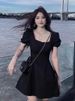 Elegant Hepburn Style Little Black Dress For Women, Summer New French Retro Square Neck Puff Sleeve Waist-Cinching_ecoleips.com
