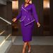 Plus Size V-Neck Long Sleeve Dress – Elegant Rhinestone & Ruffle Evening Gown For Women (0XL-4XL, Purple/Red/Blue)_ecoleips.com