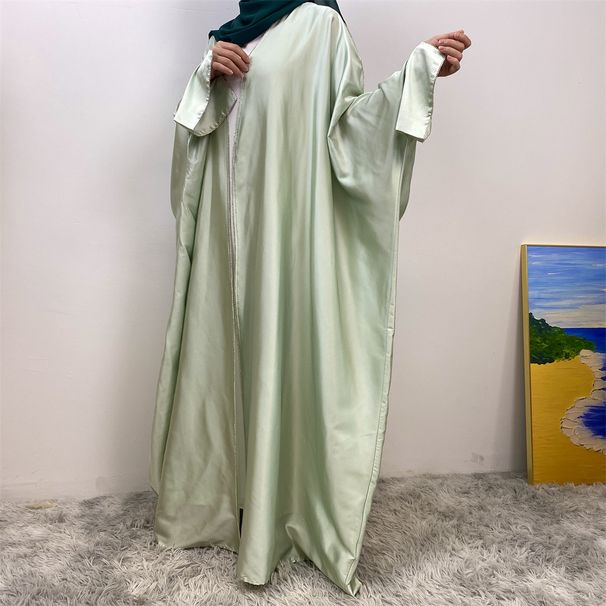 Hot Selling Fashionable Satin Diamond Trimmed Cardigan Muslim Style Batwing Sleeves Slits Loose Fit Abaya_ecoleips.com