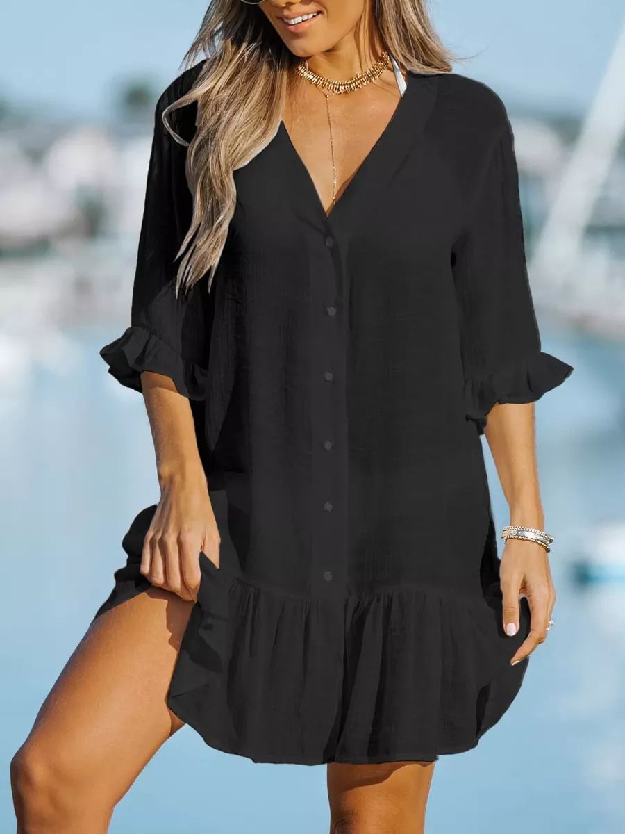 Women's Clothing Summer V Neck Ruffle Dress For Women Solid Color Beach Sun Protection American Style Cover Up_ecoleips.com