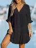 K V-neck Ruffle Edge Dress Solid Color Beach Sunscreen Cover For Women_ecoleips.com