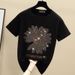 Pure Cotton INS Heavy-duty Rhinestone Loose T-shirt Women Short Sleeve 2023 Summer Internet Celebrity Little Daisy_ecoleips.com