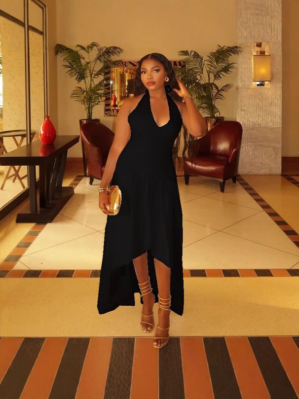 Women's European American Style Solid Color Fishtail Skirt U Neck Halter Neck Elegant Long Dress Waist Cinching Trendy_ecoleips.com