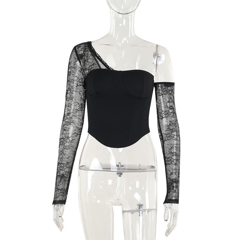 ZX24246 Autumn 2024 New Pure Desire Style Sexy Hot Girl Versatile Slim Fit Asymmetric Shoulder Lace Patchwork Top For_ecoleips.com
