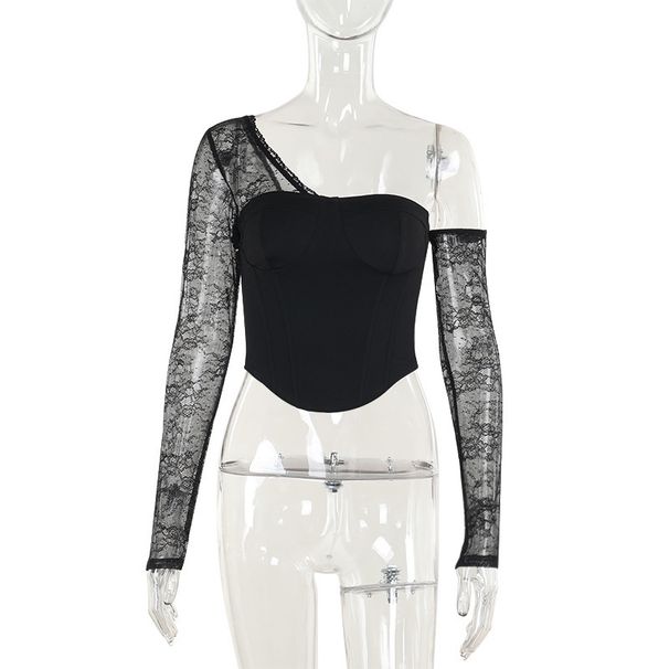 ZX24246 Autumn 2024 New Pure Desire Style Sexy Hot Girl Versatile Slim Fit Asymmetric Shoulder Lace Patchwork Top For_ecoleips.com