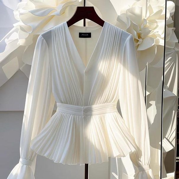 Early Autumn New Style Elegant V-neck Long-sleeve Top, Mature French Niche Unique Beautiful Blouse, Light Luxury White_ecoleips.com