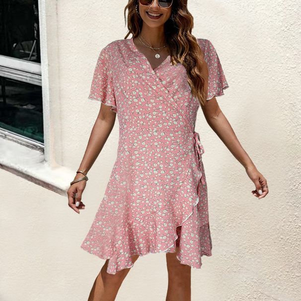 Women Elegant Party Dress Sexy V‑Neck With Belt, Romantic Ruffle Details And Trendy All‑Over Print_ecoleips.com