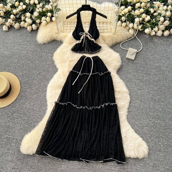 Women's Clothing Pure Desire Holiday Suit Summer Sexy Halter Neck V Neck Backless Chiffon Top High Waist Large Swing Skirt Suit_ecoleips.com