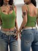 Women's Summer Vacation Knit Cami, V-Neck Spaghetti Strap Cropped Tank Top_ecoleips.com